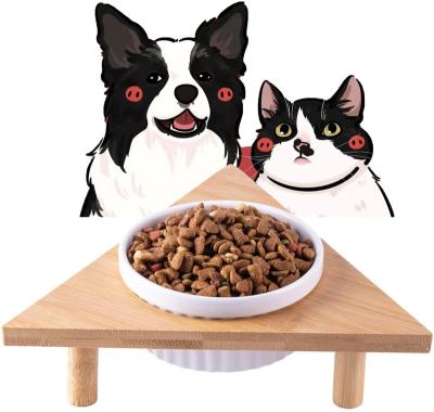 China Sustainable Food Dish Bamboo Triangles Raised Pet Bowls With Removable Ceramic Bowls for sale