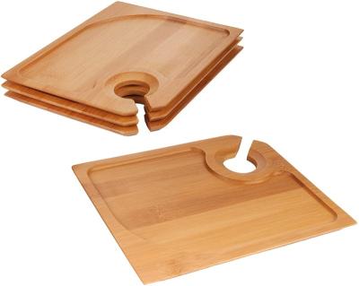 China Sustainable Bamboo Cocktail Appetizer Plates With Portable Outdoor Wine Glass Holder Snack Serving Tray For Party for sale