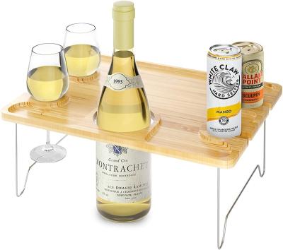 China (Size)Adjustable Outdoor Wine Picnic Table Folding Portable Bamboo Wine Glasses and BottleSnack and Cheese Rack Tray for sale