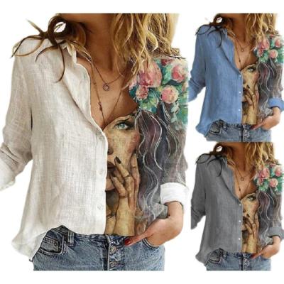 China Autumn New Products Polo Collar Ol Character Flower Printing Long Sleeve Shirt Tops Women's Breathable Straight Shirt for sale