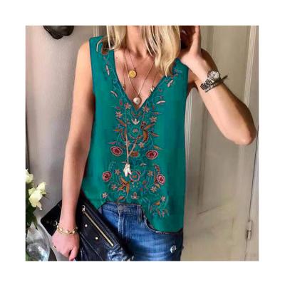 China Large size women's summer style breathable thin sleeveless push-up fashionable vest European and American style ethnic sexy V-neck print vest for sale