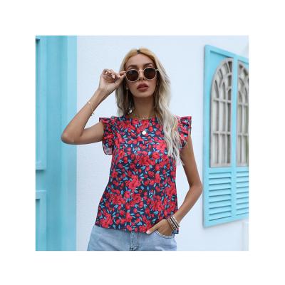 China New Summer Women's Epaulets Sweet Flight Sheath Floral Tops Slim Straight V-Neck T-Shirts Street Short Sleeve Shirts for sale