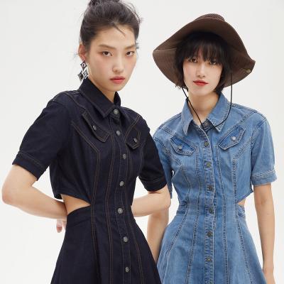 China Amazon hot sale summer denim anti-static button down collar dress blue denim dress for girls for sale