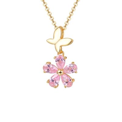 China New Fashion Trendy Silver Jewelry 925 Sterling Jewelery Pink Zircon Butterfly Charm Necklace For Women Girls for sale