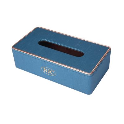 China Eco-Friendly Guest Room Amenities PU Blue Leather Square Tissue Box Holder For 5 Star Hotel Supplies for sale