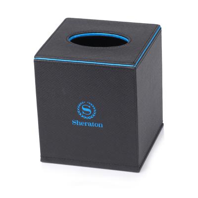 China Eco-friendly Stylish Leather Square Shaped PU Tissue Box Home Supplies Black Blue Towel Rack Manufacturers for sale