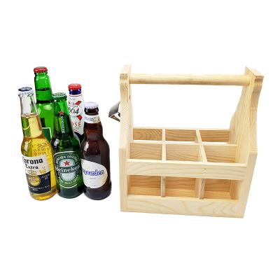 China Eco-friendly Light Yellow Wood Grid Beer Basket 6 Bottle Wine Handle Bottle Carrier Wooden Case en venta