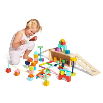 China Building Toy The Block Set Solid Wood Building Blocks and Wooden Shapes Storage Box 70 Pieces 18 Colors 20+ Activities for sale