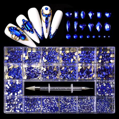 China Decorate Sapphire Nail Art Mix Fancy Shaped In Box Flat Bottom Nail Art Decoration Charm Jewelry Blue Glass Fake Diamond Nail Stones for sale