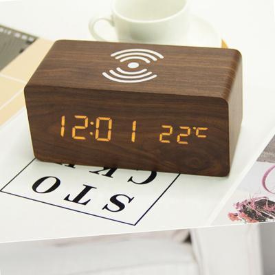 China Wooden Calendars Digital Alarm Clock with Wireless Charging, Sound Control, Wooden Electric Clocks for Bedroom, Kids for sale