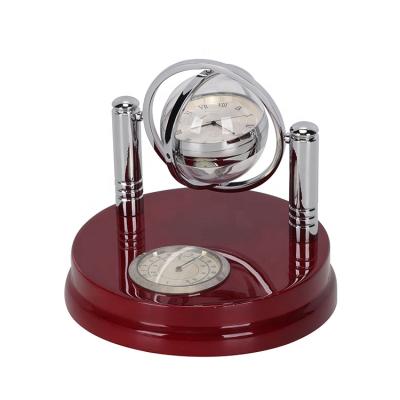 China Antique Style Swivel Base Log Globe Desk Clock With Thermometer for sale