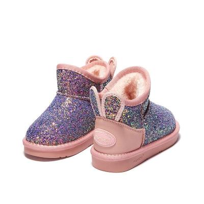 China Low MOQ Special Hot Sale Anti-slippery Sheepskin Sequins Kids Girls Glitter Lovely Sequin Rabbit Ears Posterior Winter Warm Snow Boots for sale