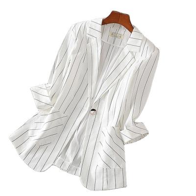 China Anti-Wrinkle Plus Size Womens Summer Patternt Formal Jacket 3/4 Sleeve Top White Stripe Suit Coat With Patched Pocket for sale