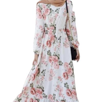 China 2022 Hot Sale Polyester Floral Print Long Sleeve Casual Muslim Abaya One Line Dubai Maxi Dress Ethnic Clothing for sale