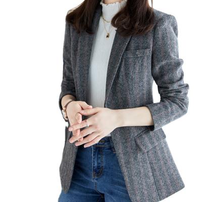 China Breathable Vintage Style Custom Made Tweed Blazer Factory Striped Pattern Gray Autumn Suit Jacket For Office Ladies for sale