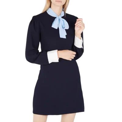 China Anti-wrinkle Women Business Clothing Navy Office Dress Knee Length Spa Dresses Custom Boutiques Staff Wear To Work Bow Tie Dress for sale