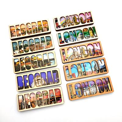 China Customized Gift Wooden Cutout Letters Fridge Magnet High Quality Durable 3d Poplar Fridge Magnet Wooden Souvenirs for sale