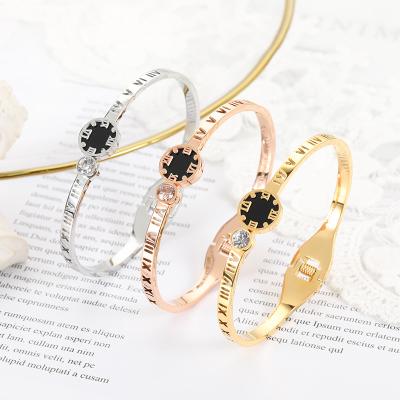 China Wholesale New Design Environmental Friendly Gold Plated Jewelry Engraving Roman Numerals Bangle Stainless Steel Bracelet for sale