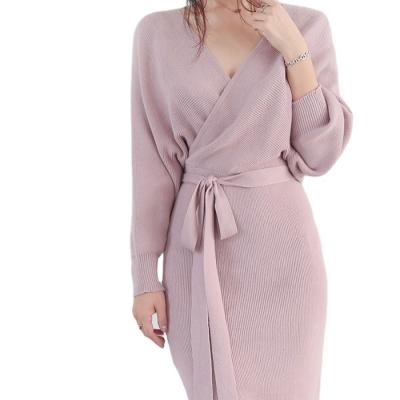 China Anti-Wrinkle Women's Clothing Knitted Sexy Midi Dress Long Sleeve Vintage V-Neck Ladies Sweater Dresses for sale