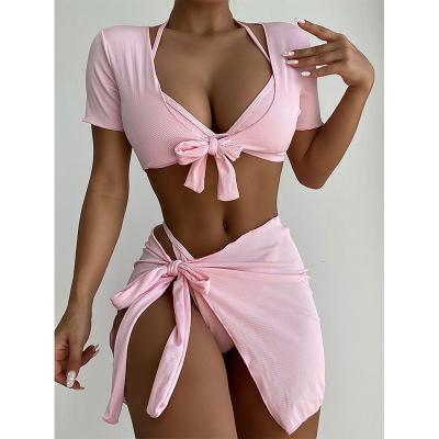 China BN2218 Breathable Hot Selling Amazon Plain Four Piece Short Sleeve Top Cowl Up Halter Bikini Swimwear Set for sale