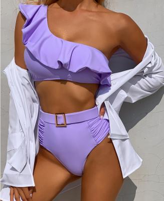 China BSS2002 High Quality Breathable High Quality One Shoulder Ruffle Swimsuit Woman Swimwear Bikini Swimwear Purple Set for sale