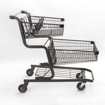 China High Quality Unfolding High And Low Dislocation Double Layer 2 Tier Supermarket Shopping Trolley Trolleys for sale