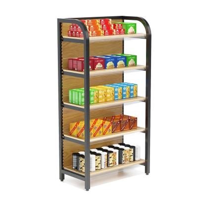 China Wood Grain Single Sided Metal Shelf Supermarket Grocery Transfer Style Gondola Shelving Thermal Organizer Display Shelves for sale