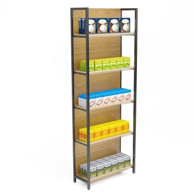 China Modern Single Sided Wood Grain Custom Metal Grain Quality Transfer Style Gondola Shelving Supermarket Thermal Organizer Display Shelves for sale