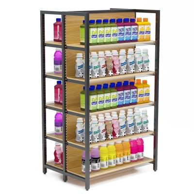 China Wooden Grain Double Sided Double Sided Metal Transfer Style Gondola Shelving Supermarket Thermal Organizer Display Shelves for sale