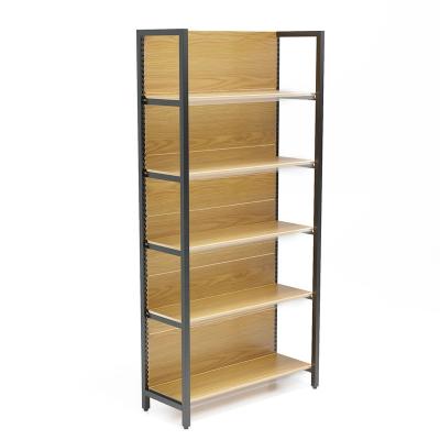 China Wood Grain Single-Sided Metal Grocery Shelf Transfer Style Gondola Shelving Supermarket Thermal Organizer Display Shelves for sale