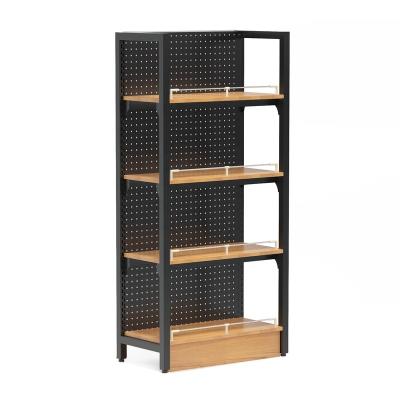 China Single Sided Shelf Metal Supermarket Grocery Grade Gondola Style Wooden Organizer Display Stand Shelves for sale