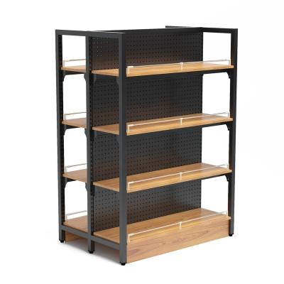 China Custom Double Sided Black Metal Wood Double Sided Supermarket Shelves Equipment Shelf Retail Display Racks For Grocery Shelf for sale