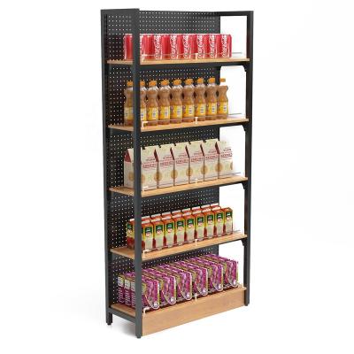 China Custom Multifunctional Single Sided Metal Wood Black Supermarket Shelves Equipment Shelf Retail Display Racks For Grocery Store Shelf for sale