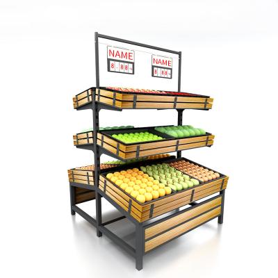 China Three-Layer Customizable Double-Sided Double-Sided Vegetable and Fruit Rack Supermarket Shopping Wooden Shelves for Storage Vegetable for sale