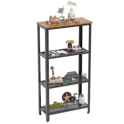 China CLASSIC Rustic 4-Tier Free Standing Narrow Wood Storage Rack Shelf With Top Edge Metal Frame for sale