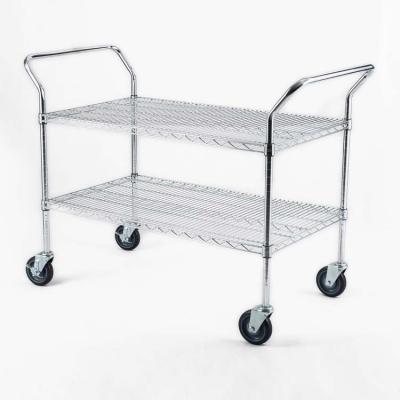 China Durable Double Layer Rectangular Stainless Steel With Wheels Transport Storage Chrome Plated Wire Shelving for sale