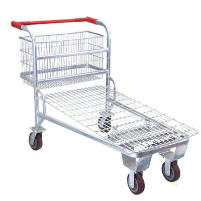 China Transport Cargo Galvanized Flatbed Truck Four Wheel Supermarket Tally With Back Basket Trolley for sale