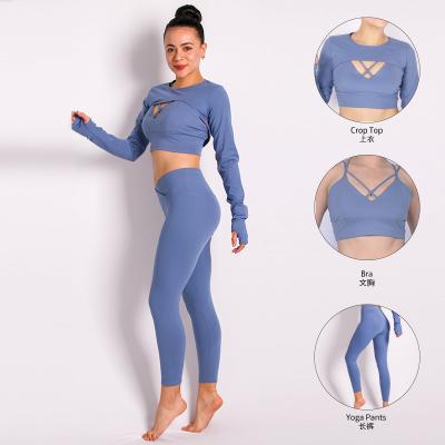 China Marl Texture Breathable Bare Metal Cutout Wrist Trimmer Nylon Tight Gym Fitness 3 Piece Jacket Gym Plus Size Yoga Seamless Set New for sale