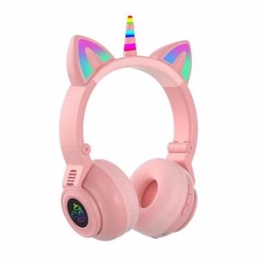 China New Design TF Card Support Kids Headphones Cartoon Wireless Colorful Lamp Tooth Breathing Blue Noise Canceling Unicorn Headphones for sale