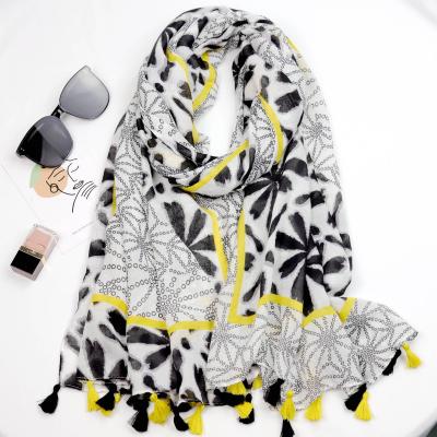 China Soft Soft Feeling Floral Print Scarf Women Tassel Hijab Polyester Spring Scarves for sale