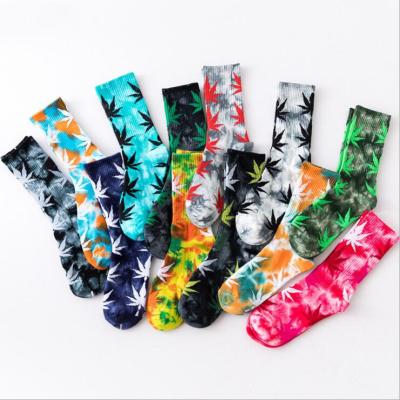 China QUICK DRY unisex colorful tie dye jars new adult maple leaves socks women autumn cotton sports socks for sale