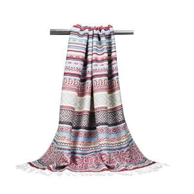 China Jacquard scarf factory cheapJacquard autumn viscous shawl tassel striped scarf for women for sale