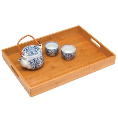 China Modern Natural Rectangle Solid Bamboo Wooden Tea Cup Coffee Wooden Cake Tray Serving Tray With Handle for sale