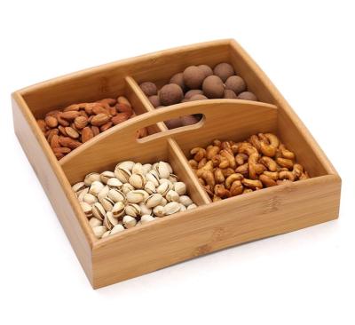 China 4 Grids Sustainable Household Bamboo Nuts Dried Fruit Candy Storage Container Square Food Grade Box Divided Snack Serving Tray for sale