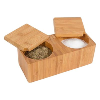 China Viable Bamboo Spice Canisters Magnetic Swivel Core Salt Pepper Square Double Core Salt Box For Kitchen Storage for sale