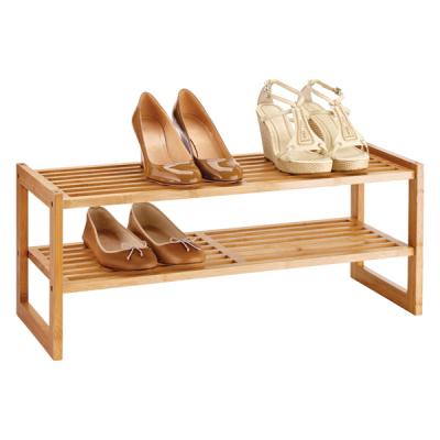 China Sustainable Bamboo Adult-Size 2-Tier Stackable Shoe Rack Display Stand for sale