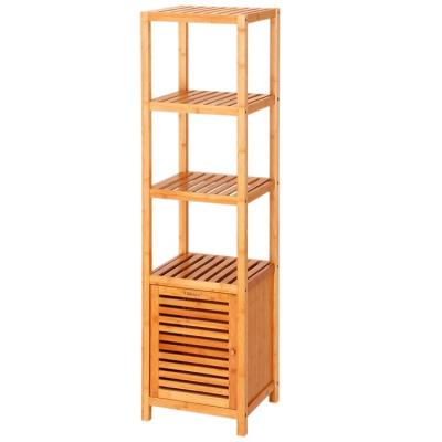 China 5 Tier Free Standing Floor Cabinet Bathroom Tower Storage Shelf Natural Bamboo Rack for sale