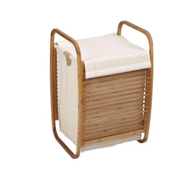 China Minimalist Bamboo Wooden Laundry Hamper Tissue Storage Basket With Carry Handles And Lid for sale