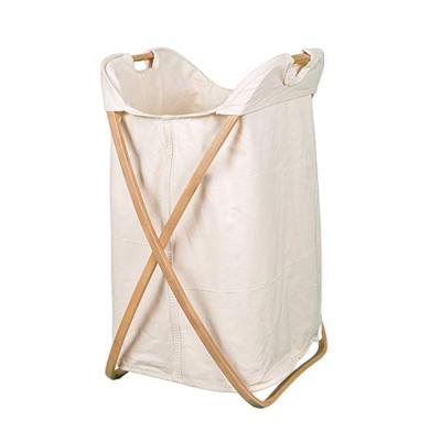 China Minimalist Bamboo Foldable Butterfly Cotton Canvas Liner Washable Laundry Hamper for sale