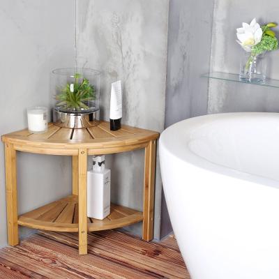 China Modern Bamboo Corner Bathroom Bench Stool Shower Caddy Seat Bench With Sturdy Waterproof Storage Shelf for sale